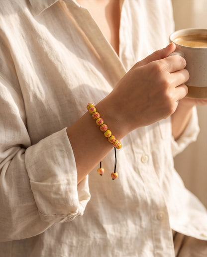 Yellow & Pink Splatter Paint Beaded Adjustable Macrame Bracelet