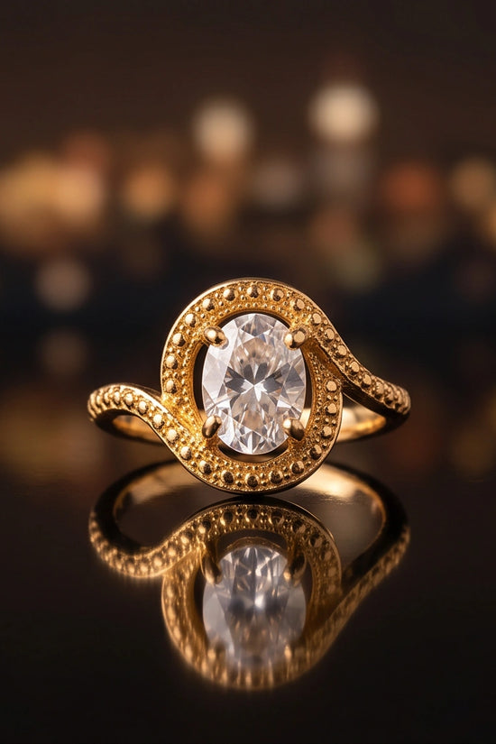 Luxury 14K Gold Oval Moissanite Swirl Beaded Ring