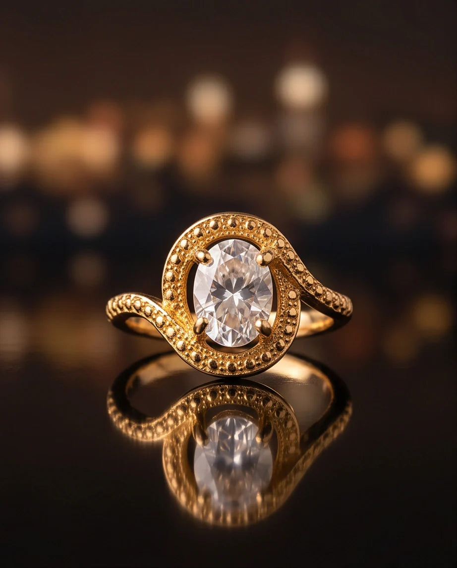Luxury Gold Oval Moissanite Swirl Beaded Ring