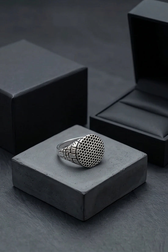 Sterling Silver Industrial Perforated Round Signet Ring