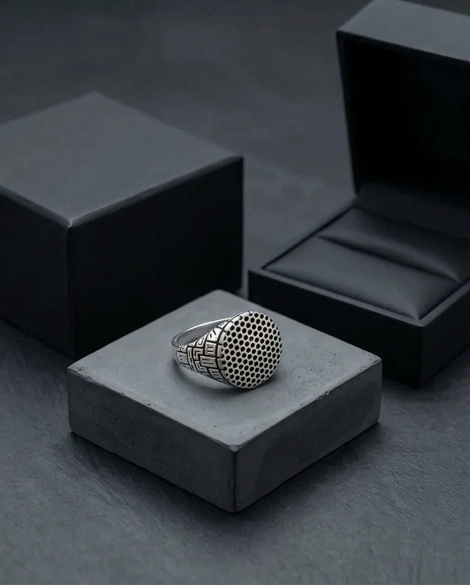 Sterling Silver Industrial Perforated Round Signet Ring