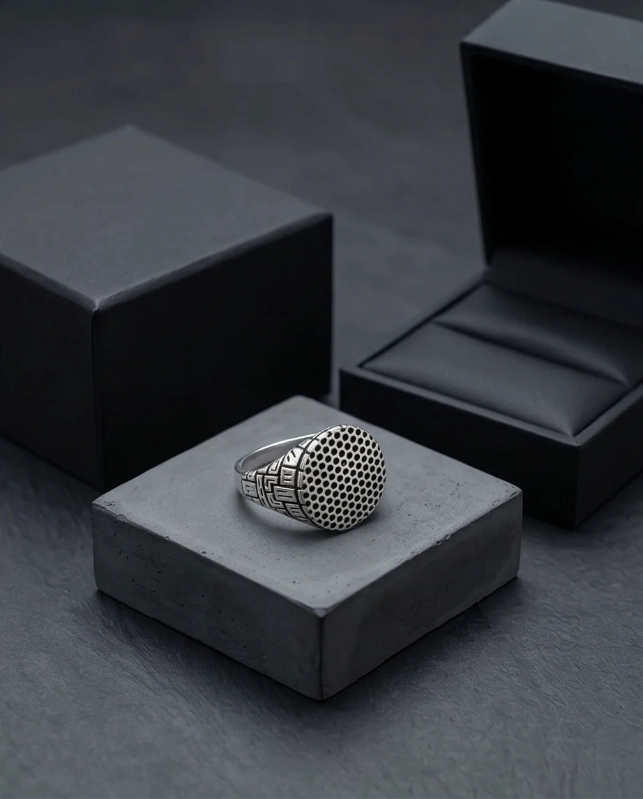 Sterling Silver Industrial Perforated Round Signet Ring