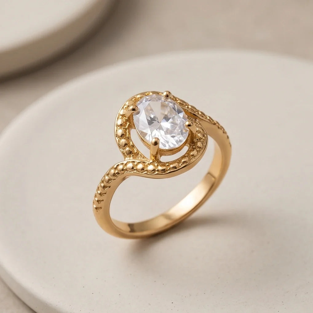 Luxury Gold Oval Moissanite Swirl Beaded Ring