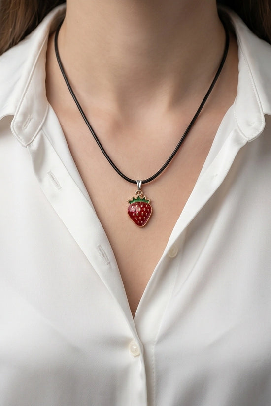 Gold and Red Strawberry Pendant Necklace