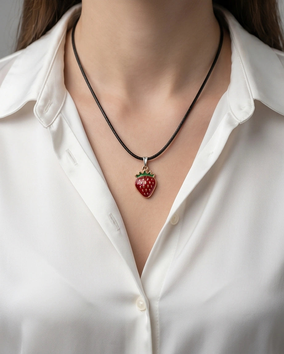 Gold and Red Strawberry Pendant Necklace