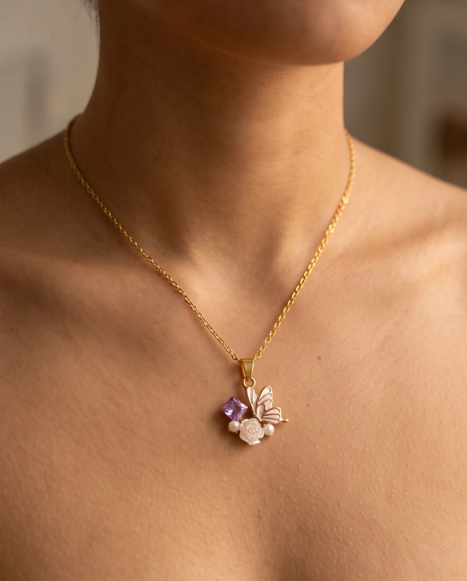 Gold Purple Enamel Butterfly & Pearl Rose Cluster Pendant Necklace