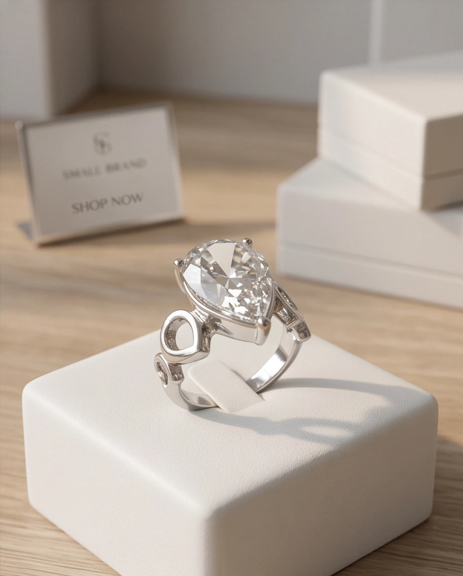 Clear Gemstone Prong-Set Teardrop Loop Silver Ring