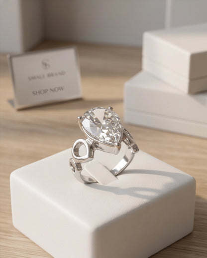 Clear Gemstone Prong-Set Teardrop Loop Silver Ring