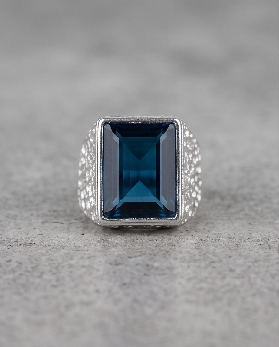 Ocean Blue Emerald-Cut Gemstone Stippled Silver Ring