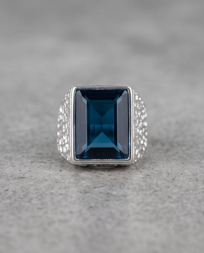 Ocean Blue Emerald-Cut Gemstone Stippled Silver Ring