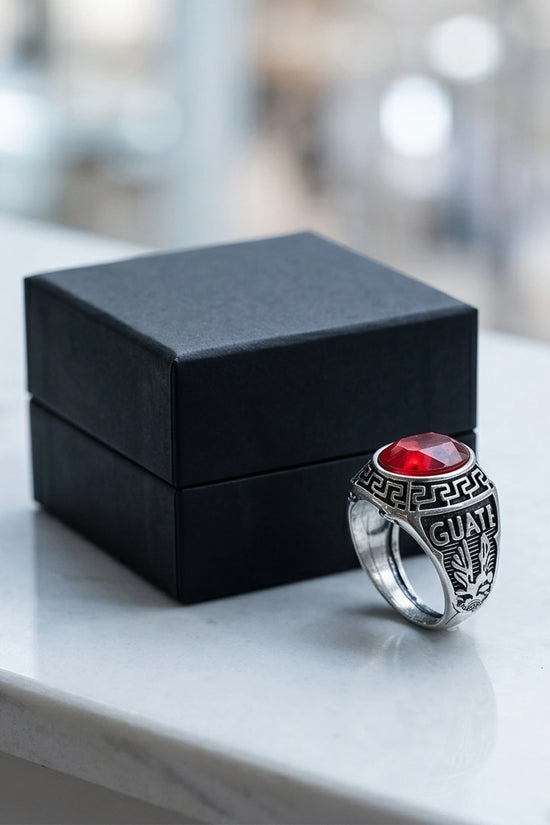 Vintage Greek Key Ruby Red Gemstone Ring