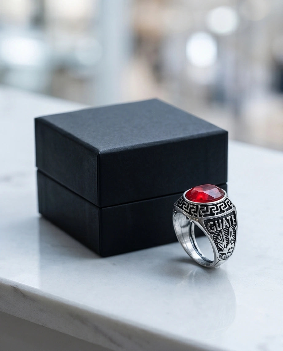 Vintage Greek Key Ruby Red Gemstone Ring