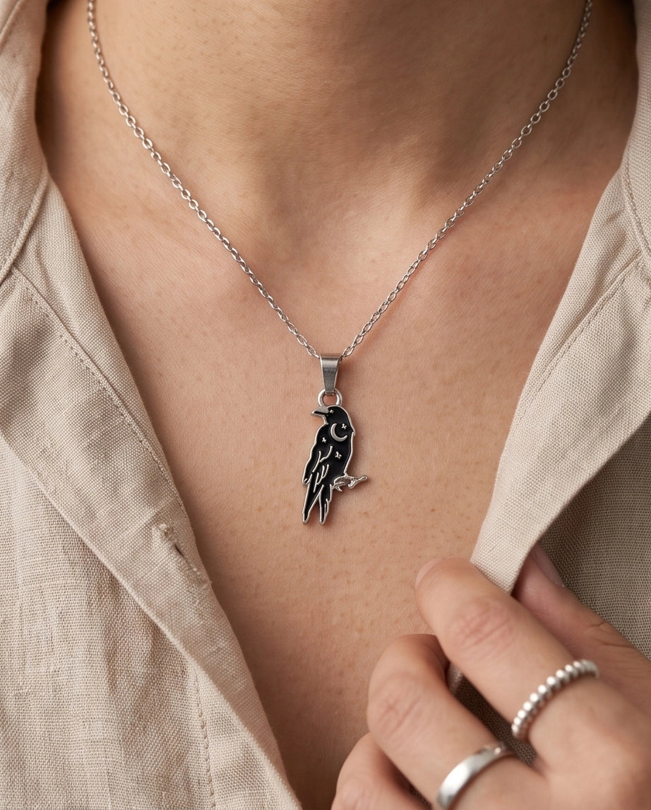 Silver Celestial Raven Pendant Necklace
