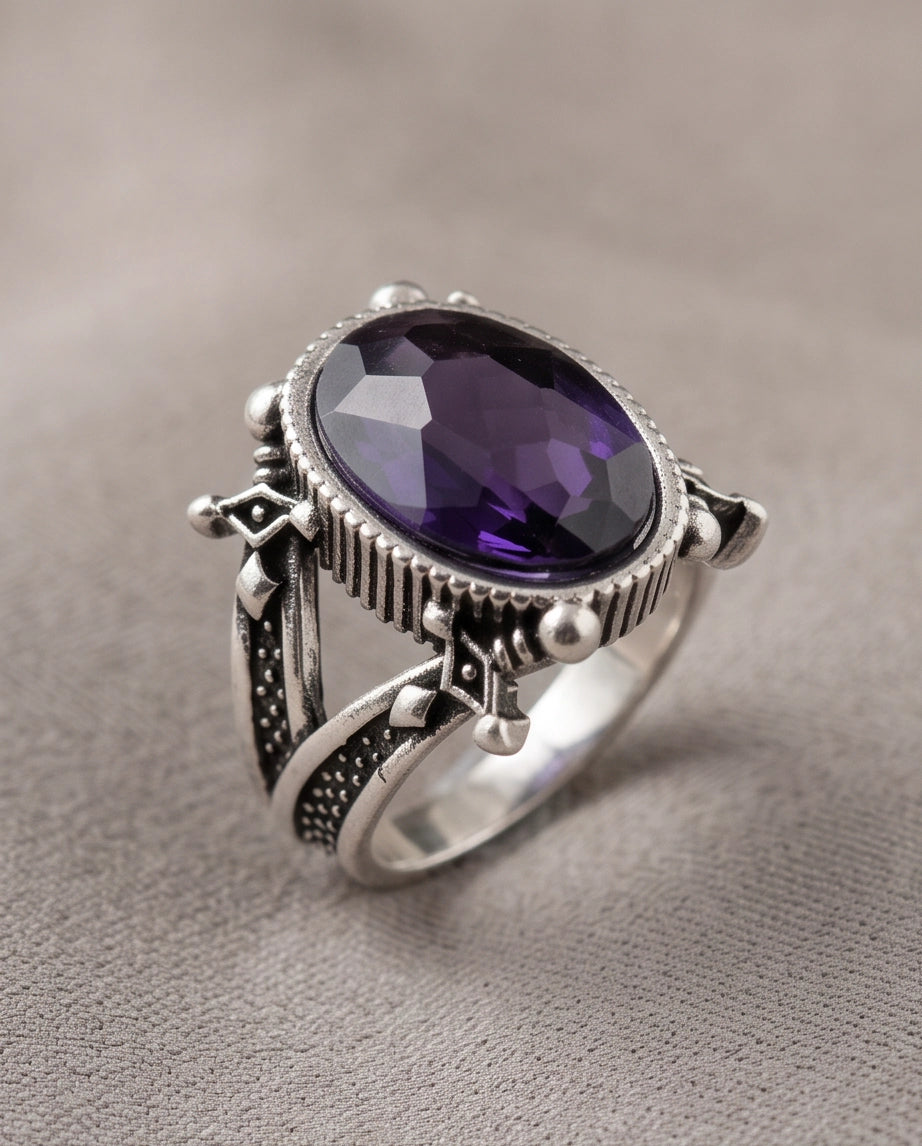 Amethyst Gemstone Fluted Bezel Sword-Cross Silver Ring