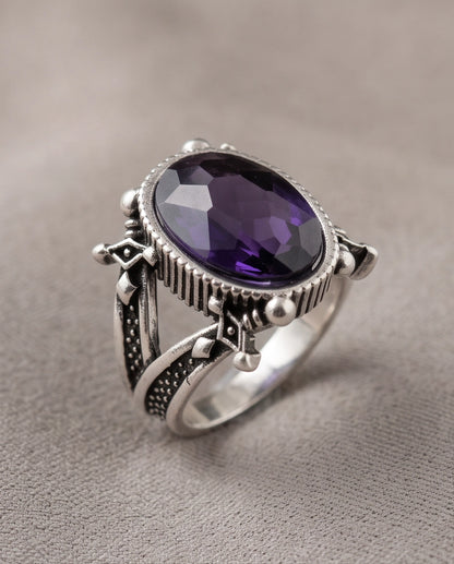 Amethyst Gemstone Fluted Bezel Sword-Cross Silver Ring