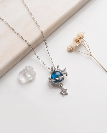 Silver Cosmic Planet Crescent Moon & Star Dangle Pendant Necklace