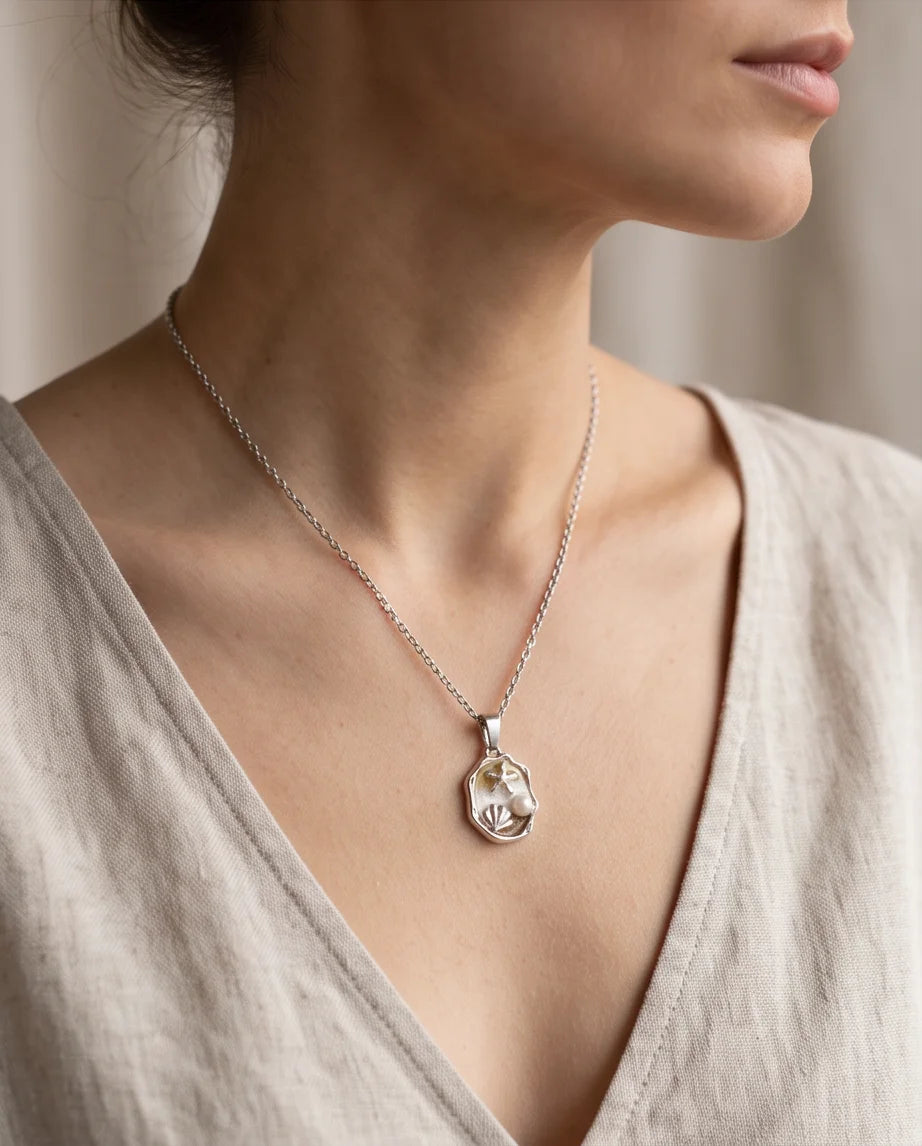 Silver Gold Seashell Starfish Pearl Enamel Medallion Chain Necklace