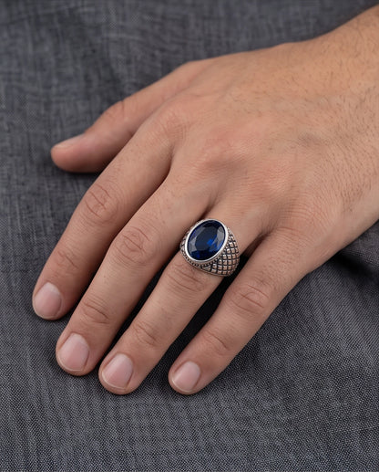 Sapphire Gemstone Beaded Frame Crosshatch Mesh Silver Ring