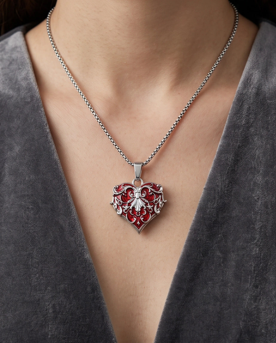 Silver Red Enamel Filigree Heart Pendant Necklace