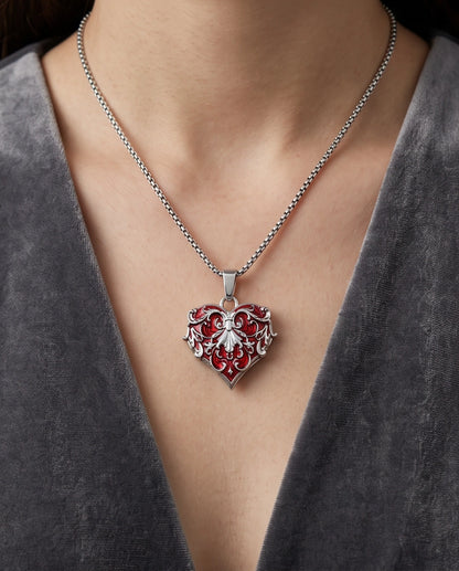 Silver Red Enamel Filigree Heart Pendant Necklace