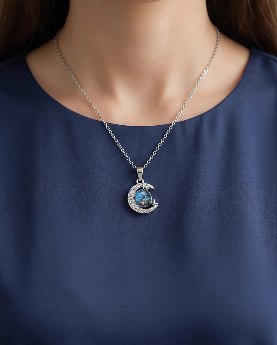 Silver Cosmic Galaxy Crescent Moon Pendant Necklace
