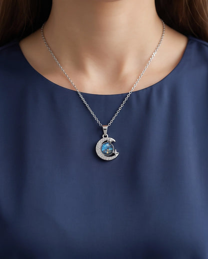 Silver Cosmic Galaxy Crescent Moon Pendant Necklace