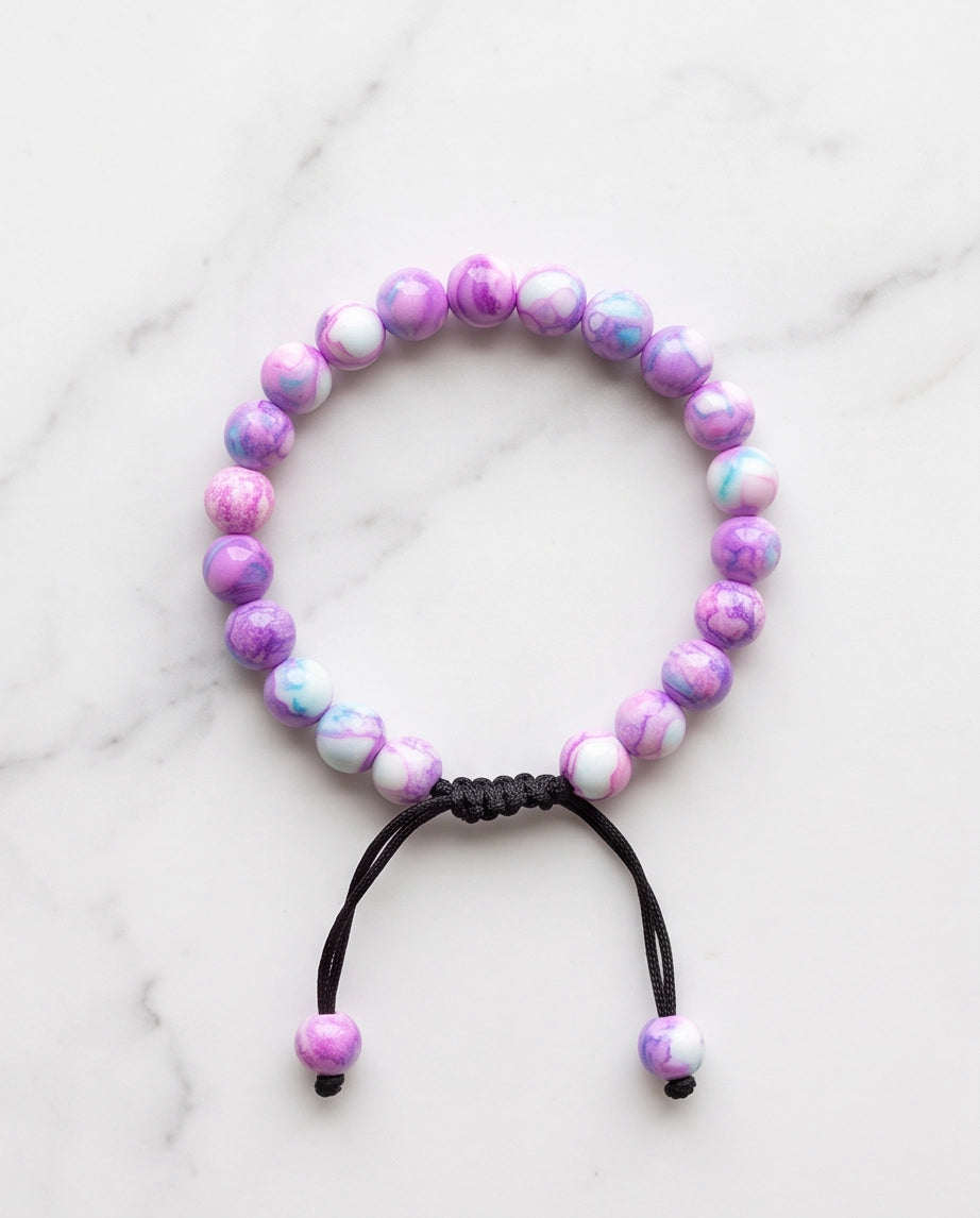 Purple & Teal Marbled Swirl Beaded Adjustable Macrame Bracelet
