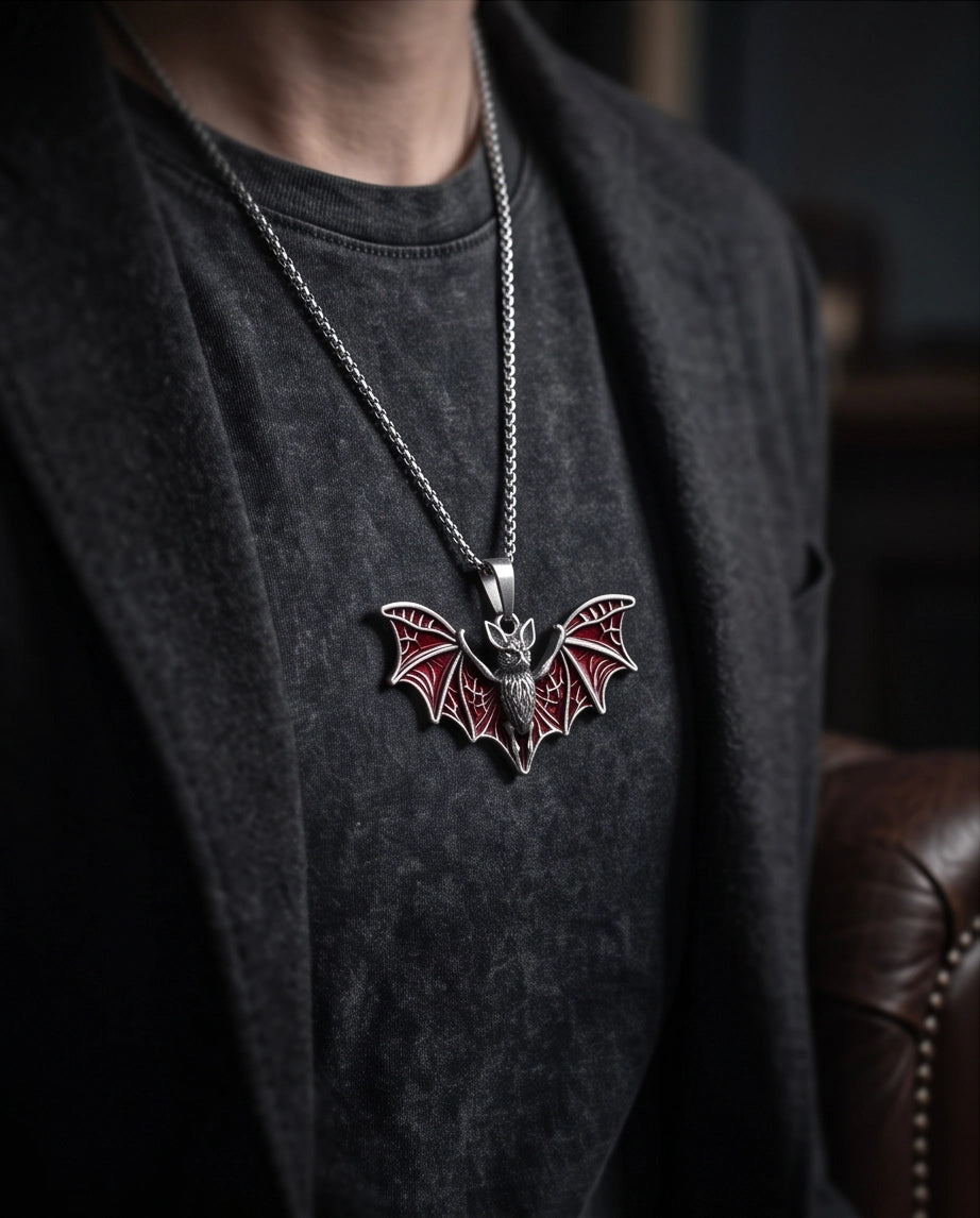Silver Red Enamel Flying Bat Pendant Necklace