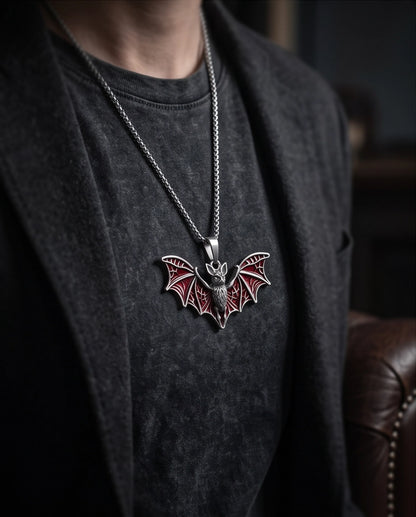 Silver Red Enamel Flying Bat Pendant Necklace