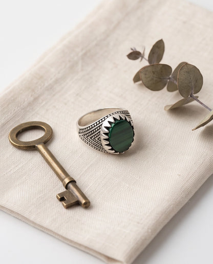 Malachite-Style Oval Cabochon Crown Bezel Chevron Stippled Silver Ring
