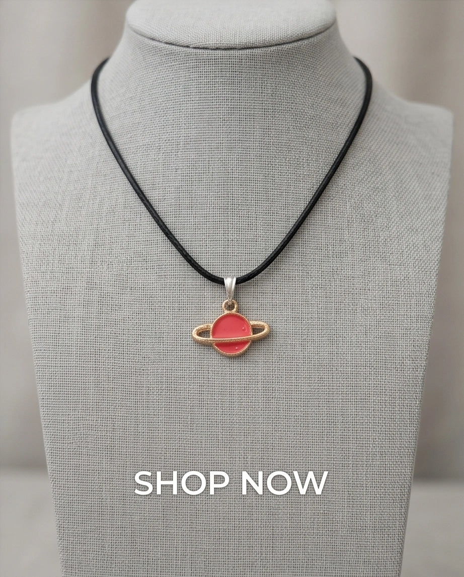 Pink Saturn Planet Enamel Pendant Necklace