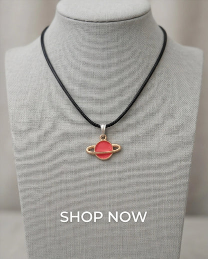 Pink Saturn Planet Enamel Pendant Necklace
