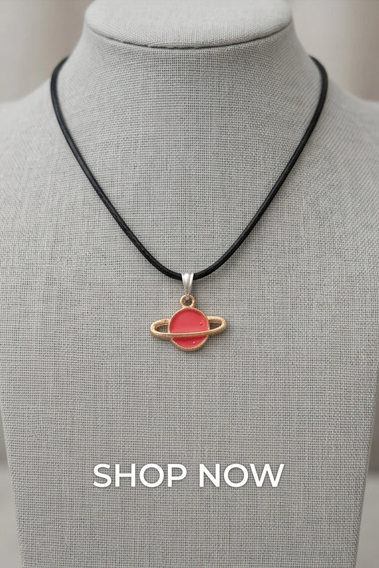 Pink Saturn Planet Enamel Pendant Necklace