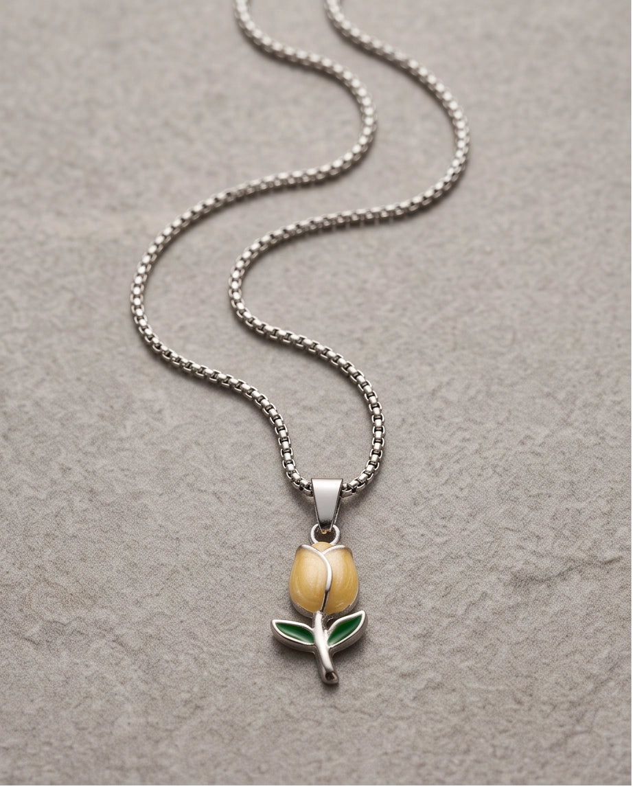 Silver Yellow Enamel Tulip Pendant Necklace