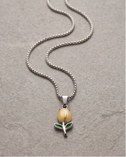Silver Yellow Enamel Tulip Pendant Necklace