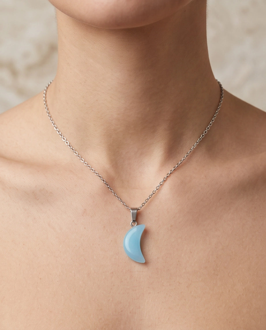 Silver Light Blue Crescent Moon Resin Pendant Necklace