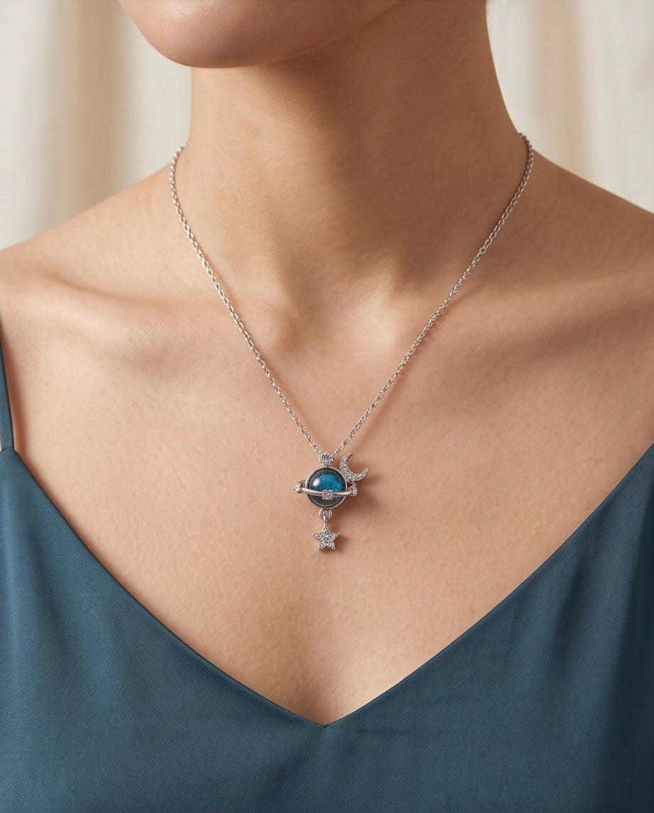 Silver Cosmic Planet Crescent Moon & Star Dangle Pendant Necklace