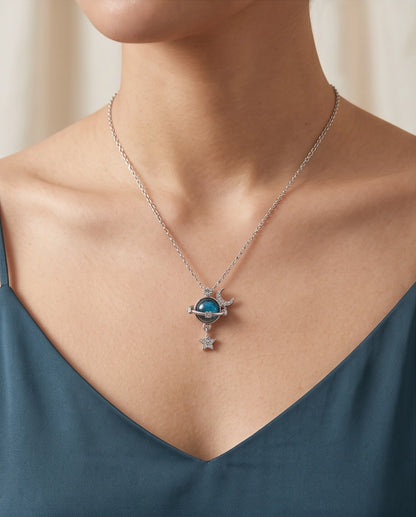 Silver Cosmic Planet Crescent Moon & Star Dangle Pendant Necklace