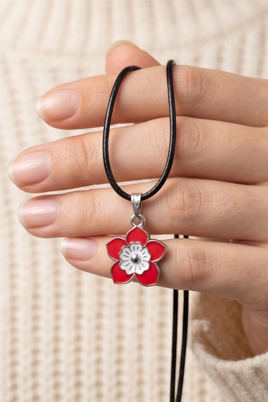 Vibrant Red and White Layered Floral Enamel Pendant Necklace