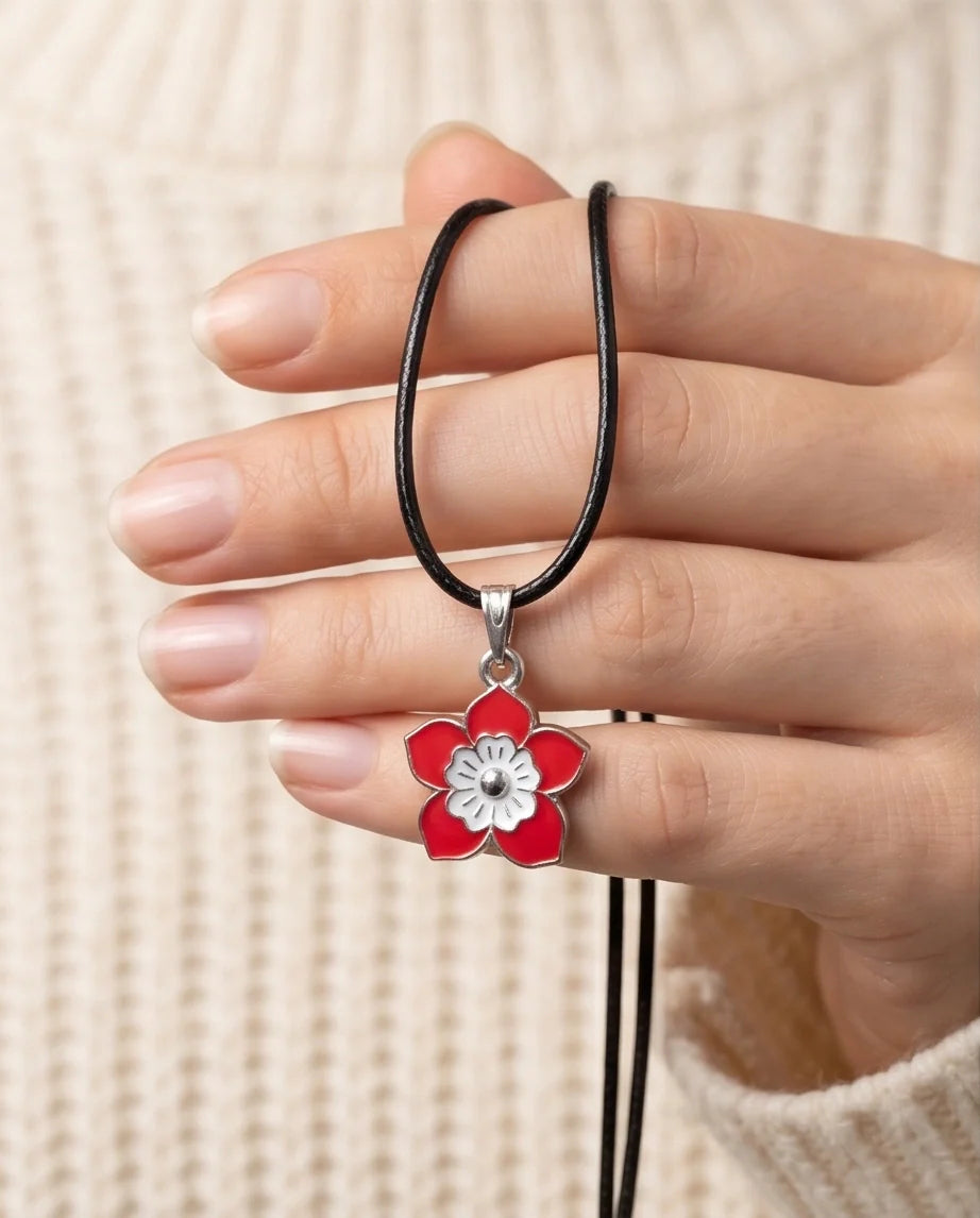 Vibrant Red and White Layered Floral Enamel Pendant Necklace