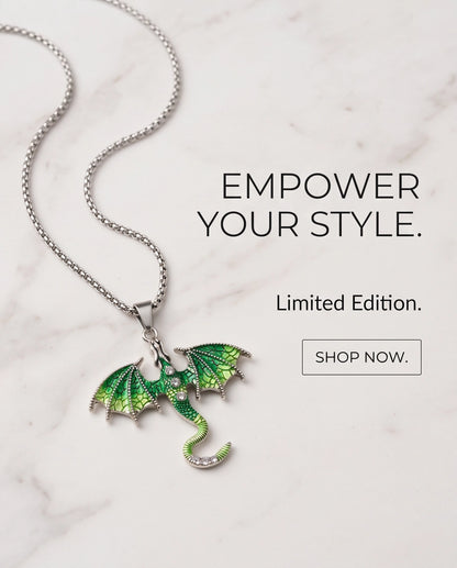 Silver Green Enamel Dragon Wyvern Pendant Necklace