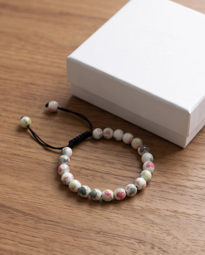 Cherry Blossom Patterned Ceramic Beaded Adjustable Macrame Bracelet
