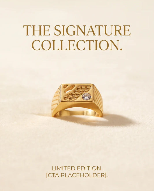 Abstract Textured Multi-Inlay Asymmetrical Signet Gold Ring