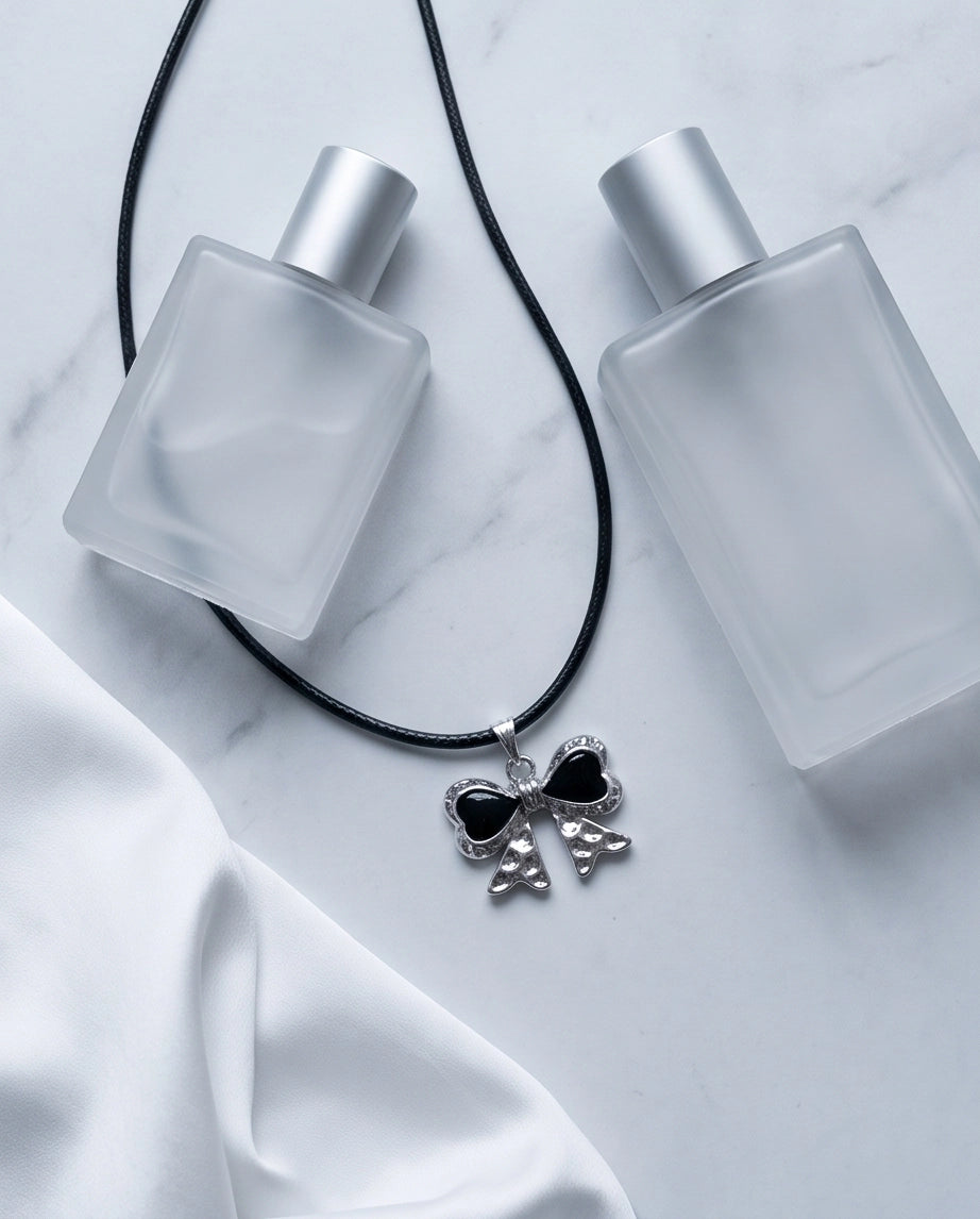 Black Enamel Ribbon Bow Pendant Necklace