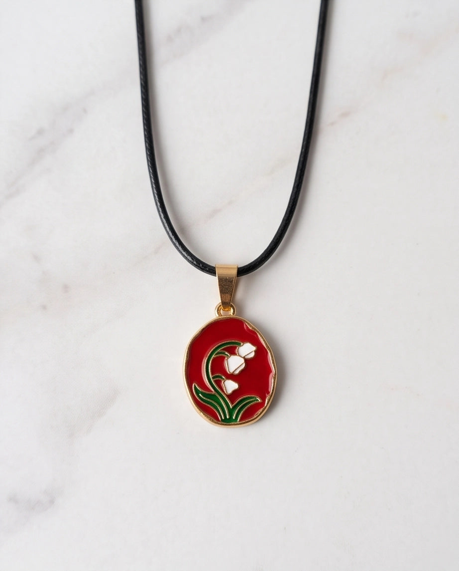 Gold Red Lily of the Valley Enamel Medallion Chain Necklace