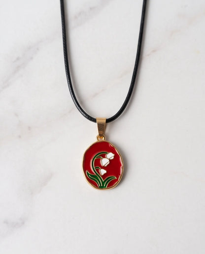 Gold Red Lily of the Valley Enamel Medallion Chain Necklace