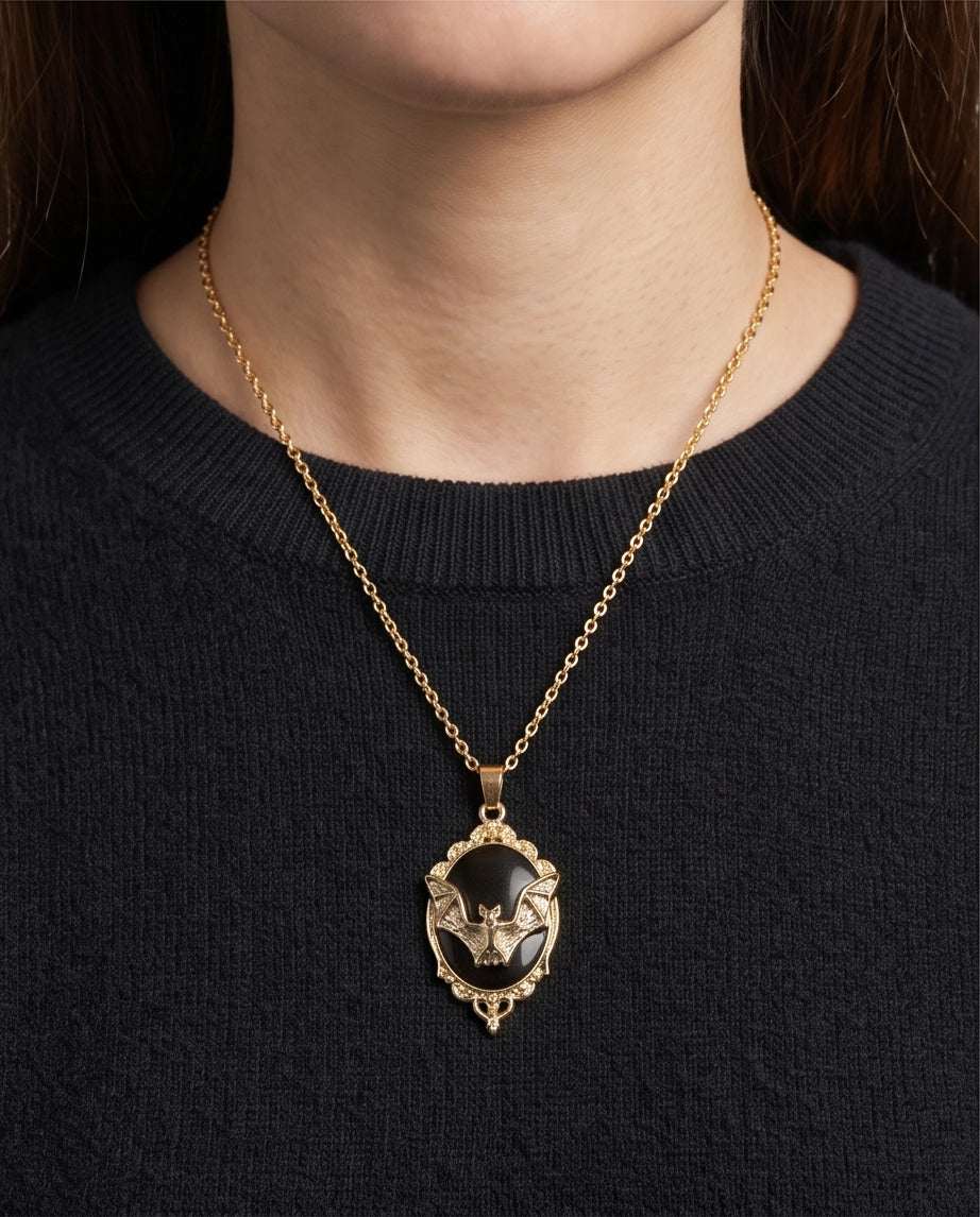 Gold Gothic Bat Black Enamel Medallion Chain Necklace