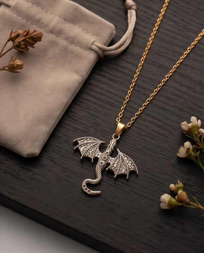 Silver Textured Dragon Wyvern Pendant Necklace