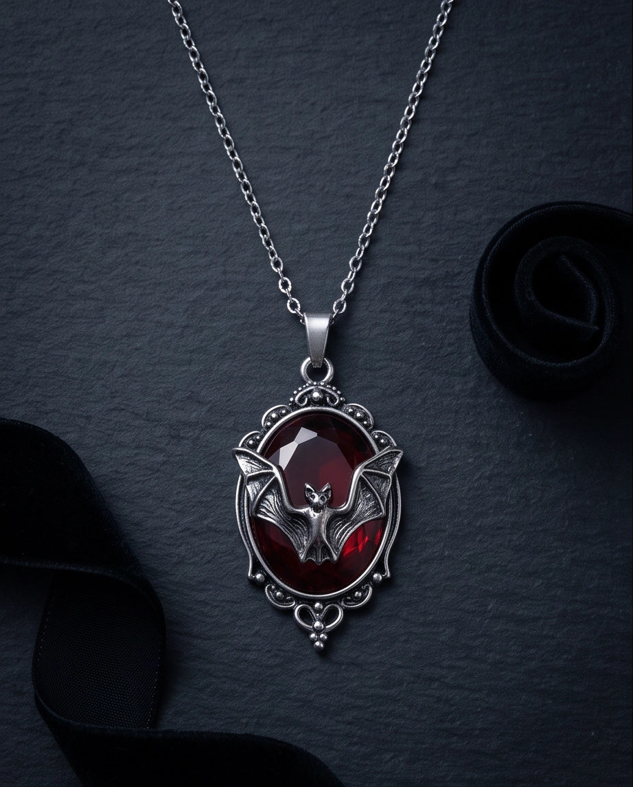 Antique Silver Gothic Bat Dark Red Enamel Medallion Chain Necklace