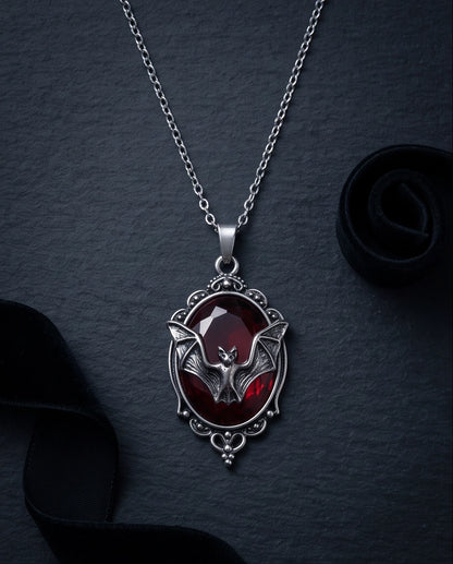 Antique Silver Gothic Bat Dark Red Enamel Medallion Chain Necklace
